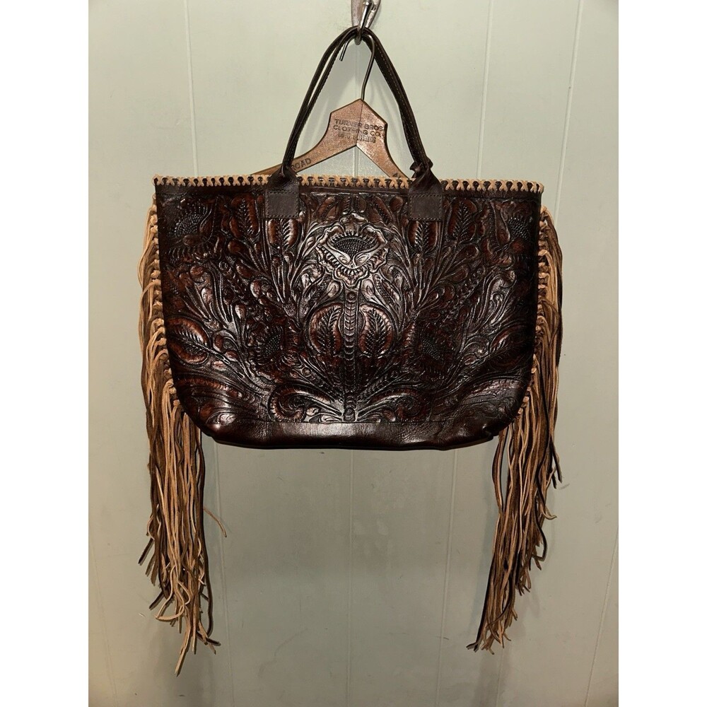Fringe Tooled Leather Tote Bag - Dark Brown